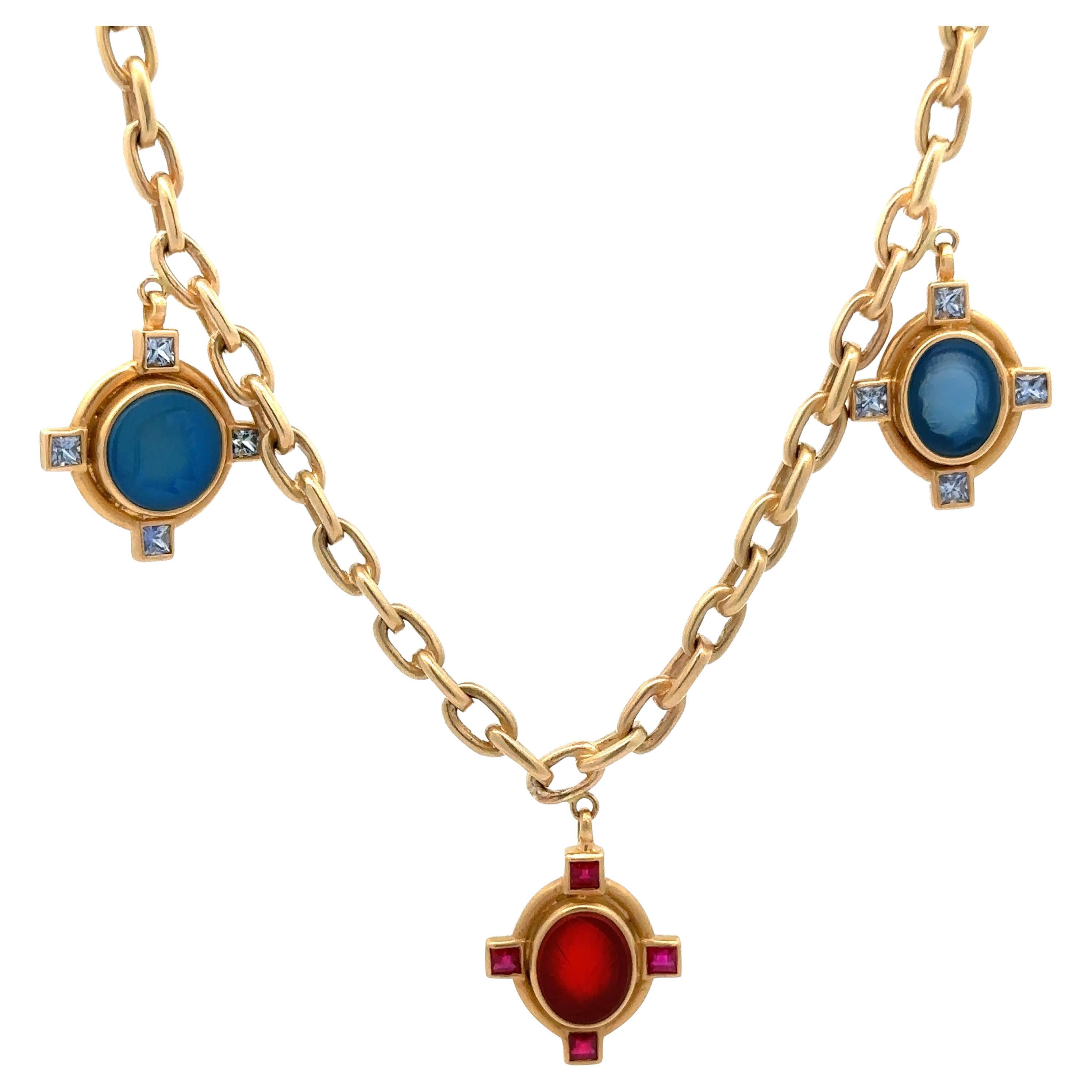 Herco 14k Gold Intaglio Hardstone Red Blue Stones Dangle Pendant Cable Necklace For Sale