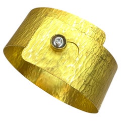 HERCO 18K Hammered Satin Gold & Diamond Wide Flex Bangle