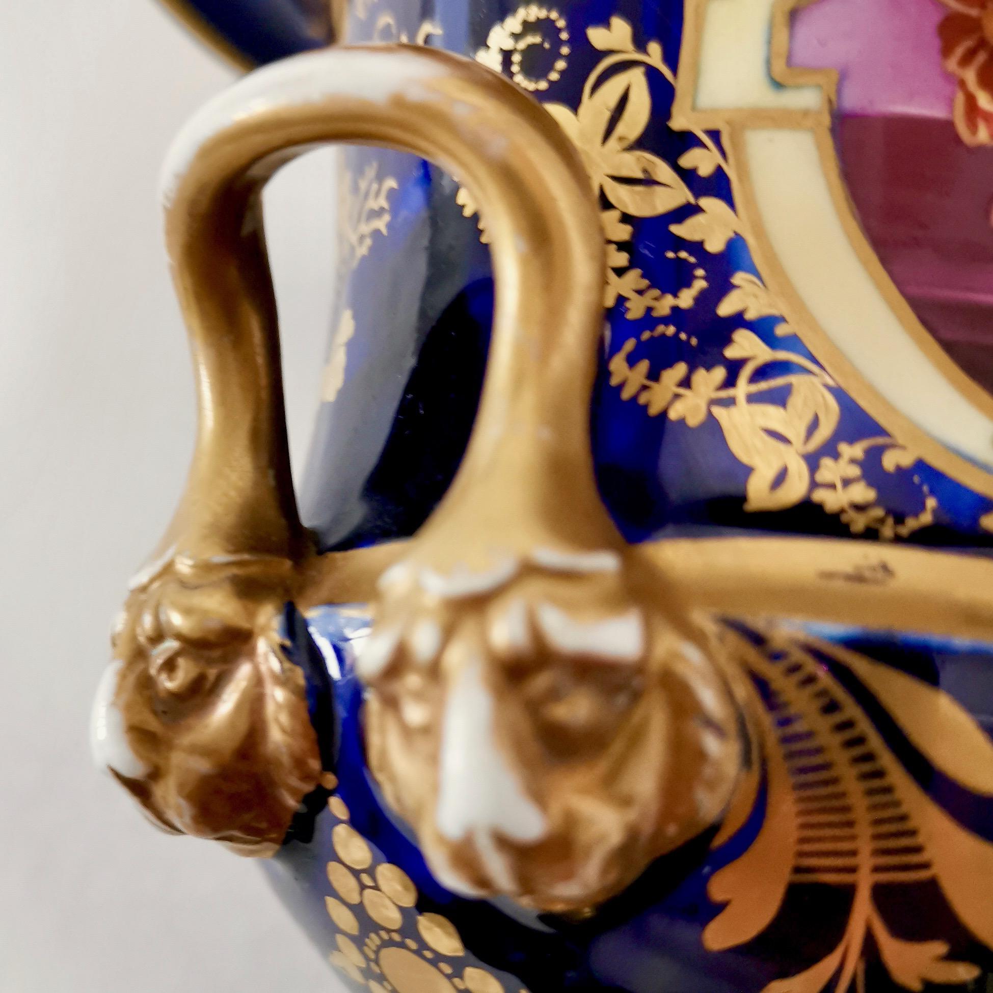 Herculaneum Porcelain Vase, Purple, Flowers Lion Head Handles Regency circa 1820 4
