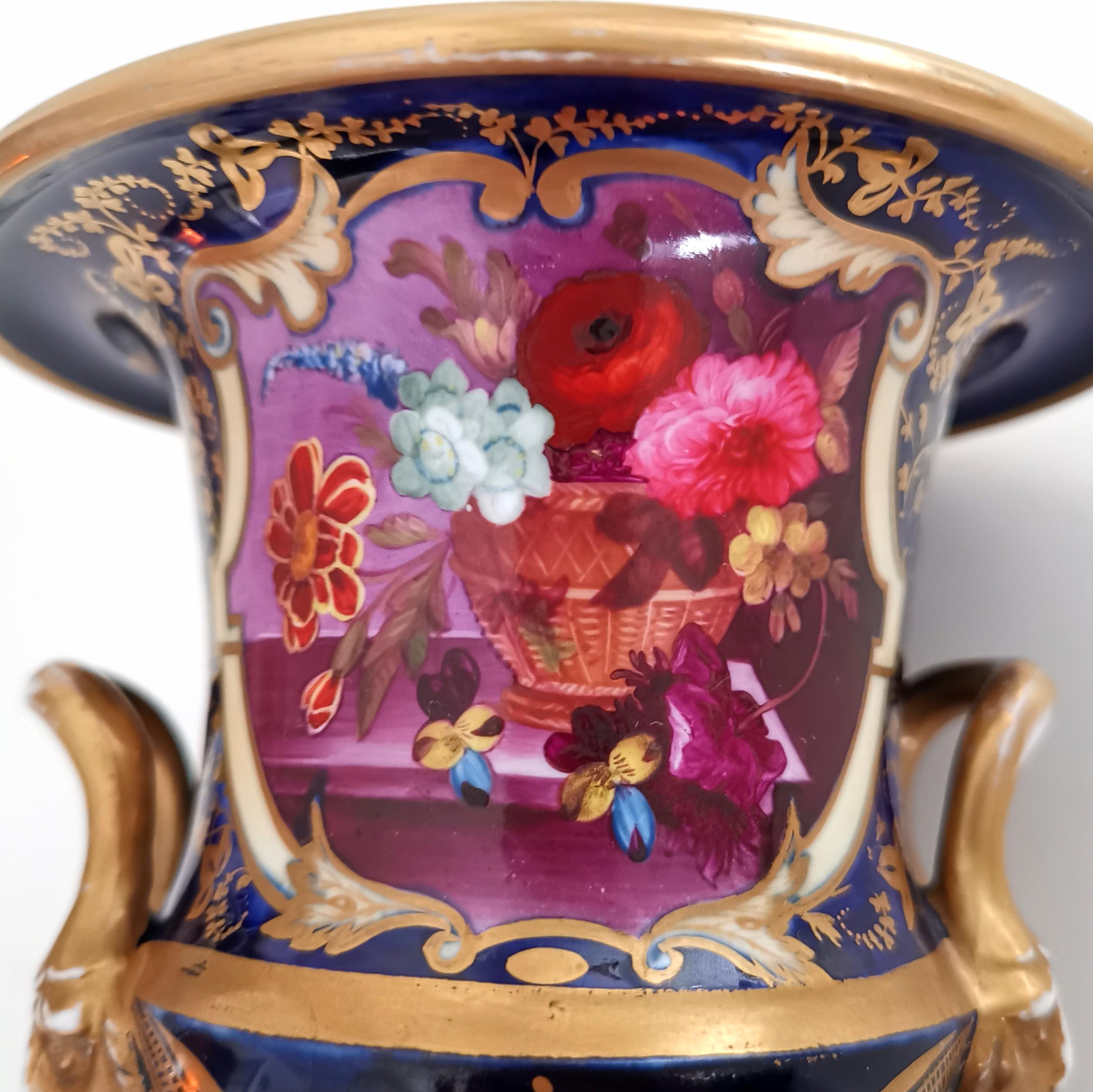 English Herculaneum Porcelain Vase, Purple, Flowers Lion Head Handles Regency circa 1820