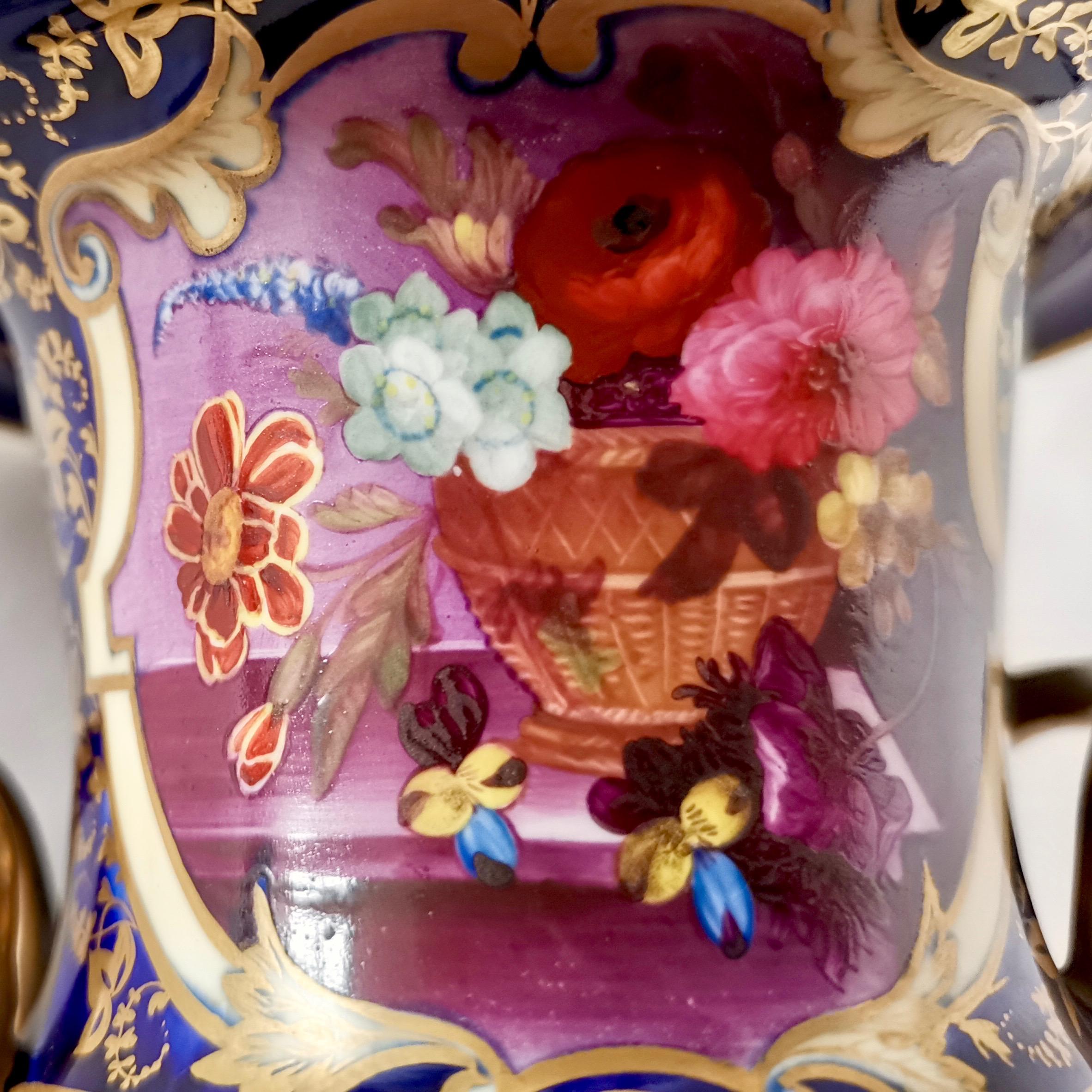 Enameled Herculaneum Porcelain Vase, Purple, Flowers Lion Head Handles Regency circa 1820