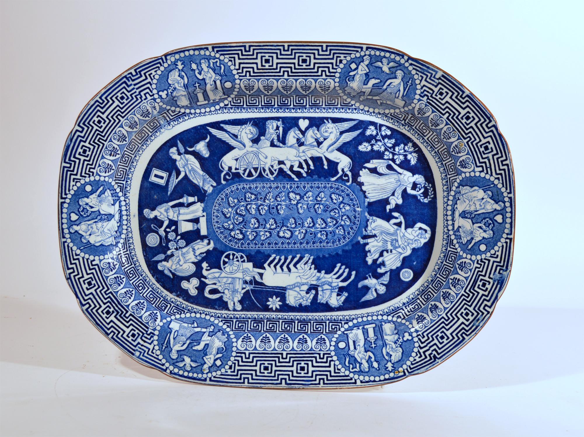 George III Regency Herculaneum Greek Pattern Blue Printed Pottery Dish For Sale