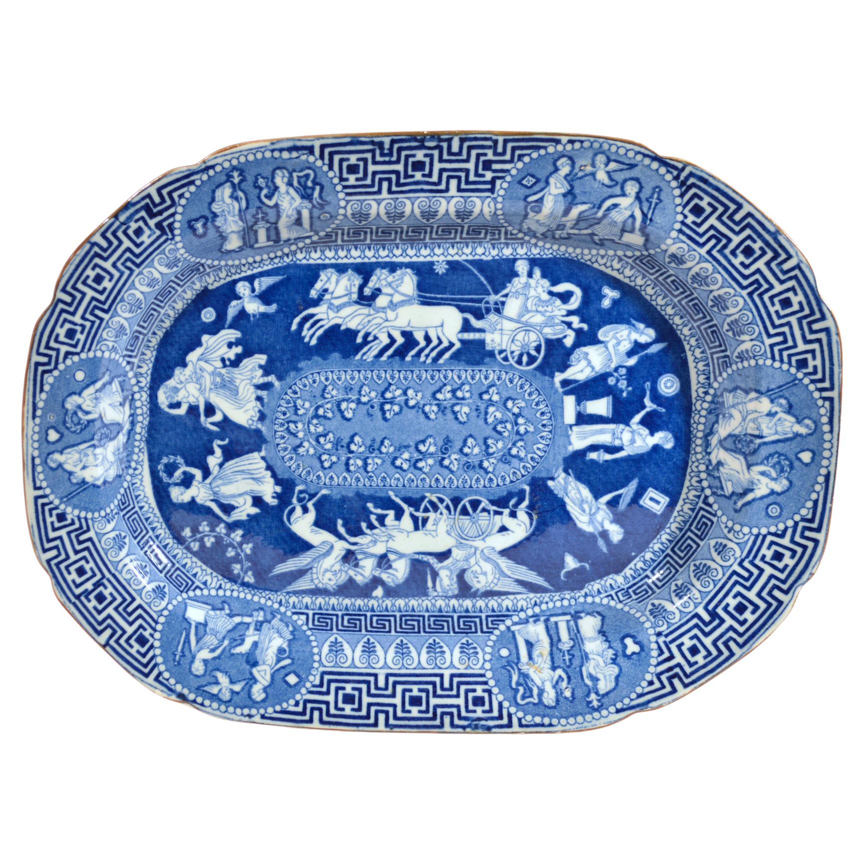 Neoclassical Liverpool Herculaneum Greek Pattern Blue Printed Pottery Dish For Sale