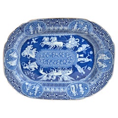 Used Neoclassical Liverpool Herculaneum Greek Pattern Blue Printed Pottery Dish