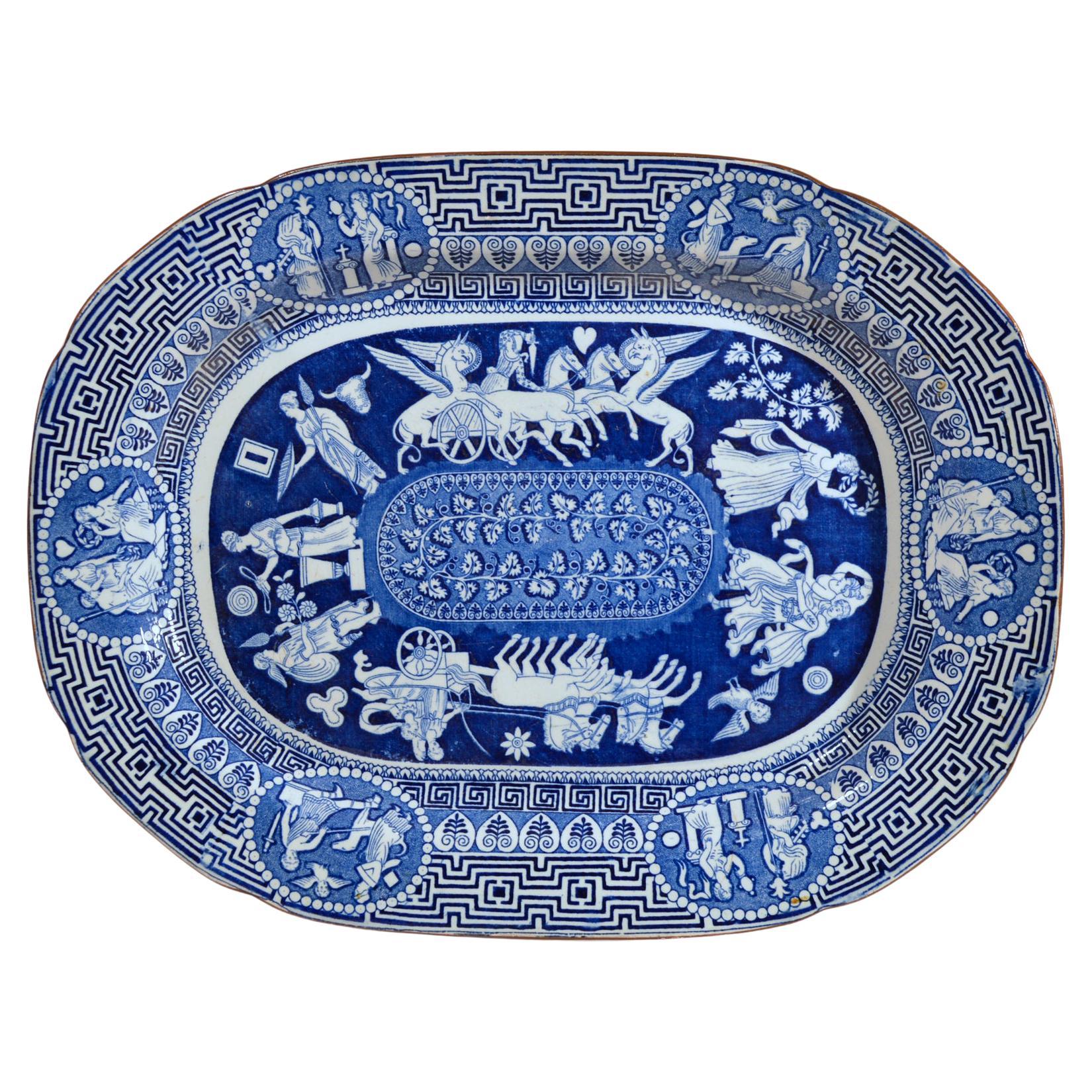 Regency Herculaneum Greek Pattern Blue Printed Pottery Dish For Sale