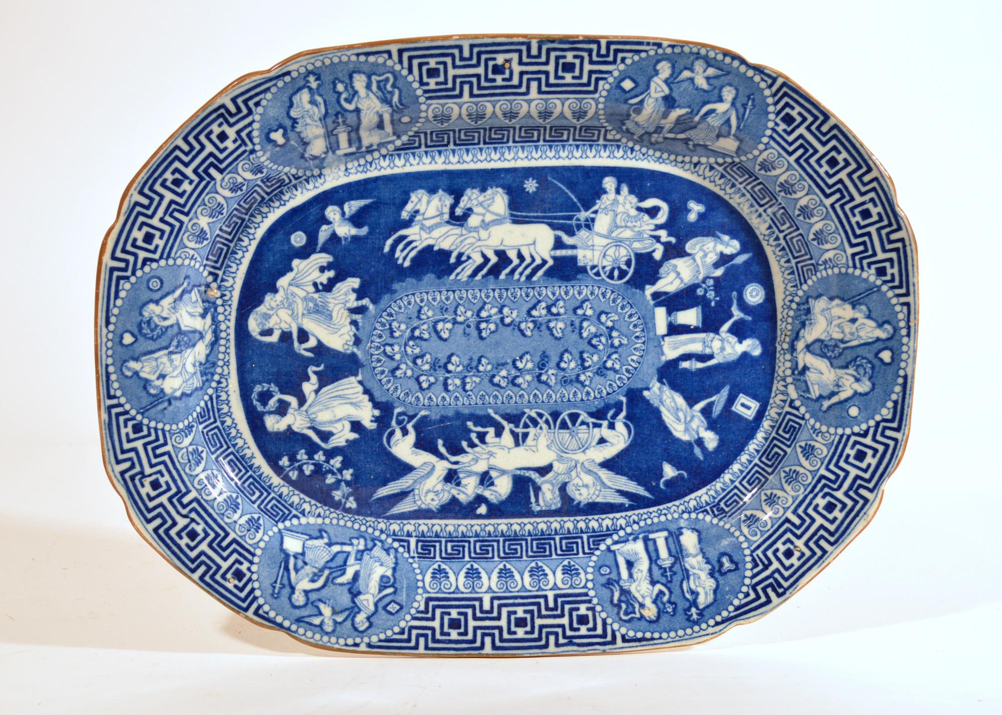 English Regency Herculaneum Neo-Classical Greek Pattern Blue Printed Dish For Sale