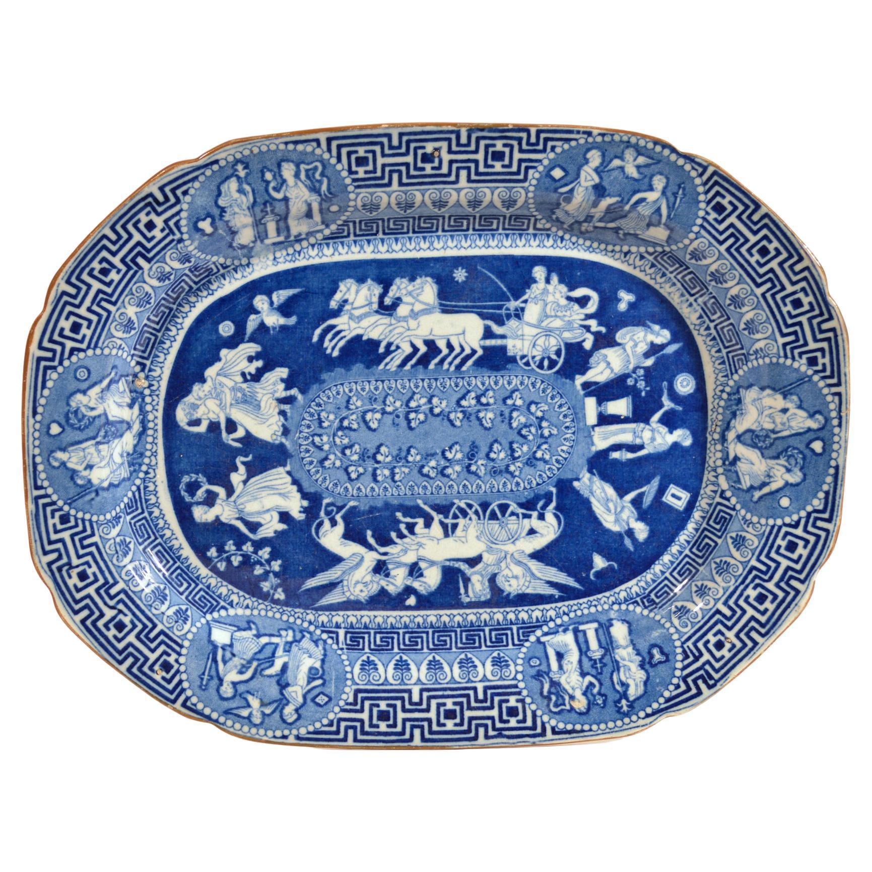 Plat Herculaneum néoclassique à motif grec imprimé bleu, début du 19ème siècle