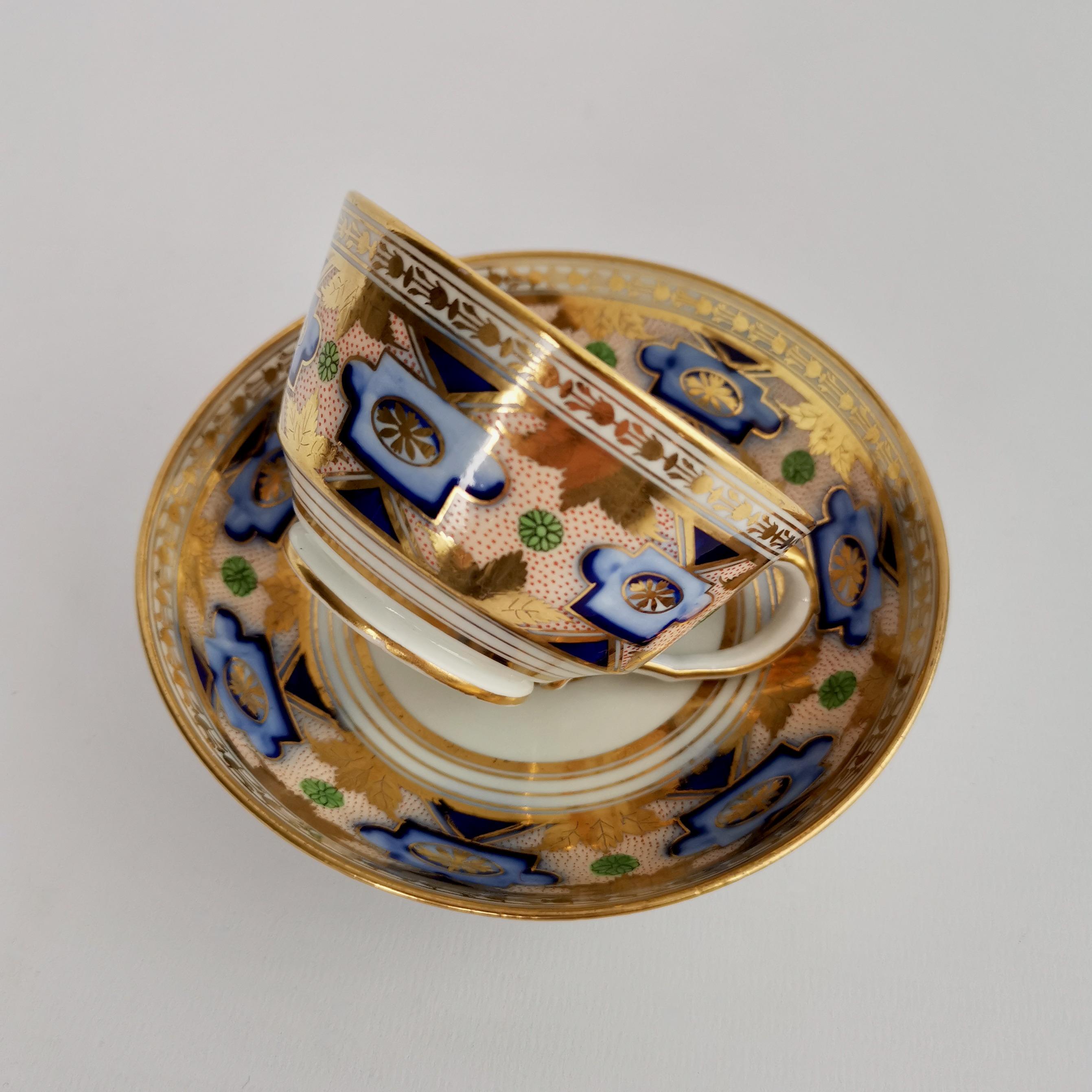 English Herculaneum Porcelain Teacup Trio, Blue and Gilt Regency, 1800-1815