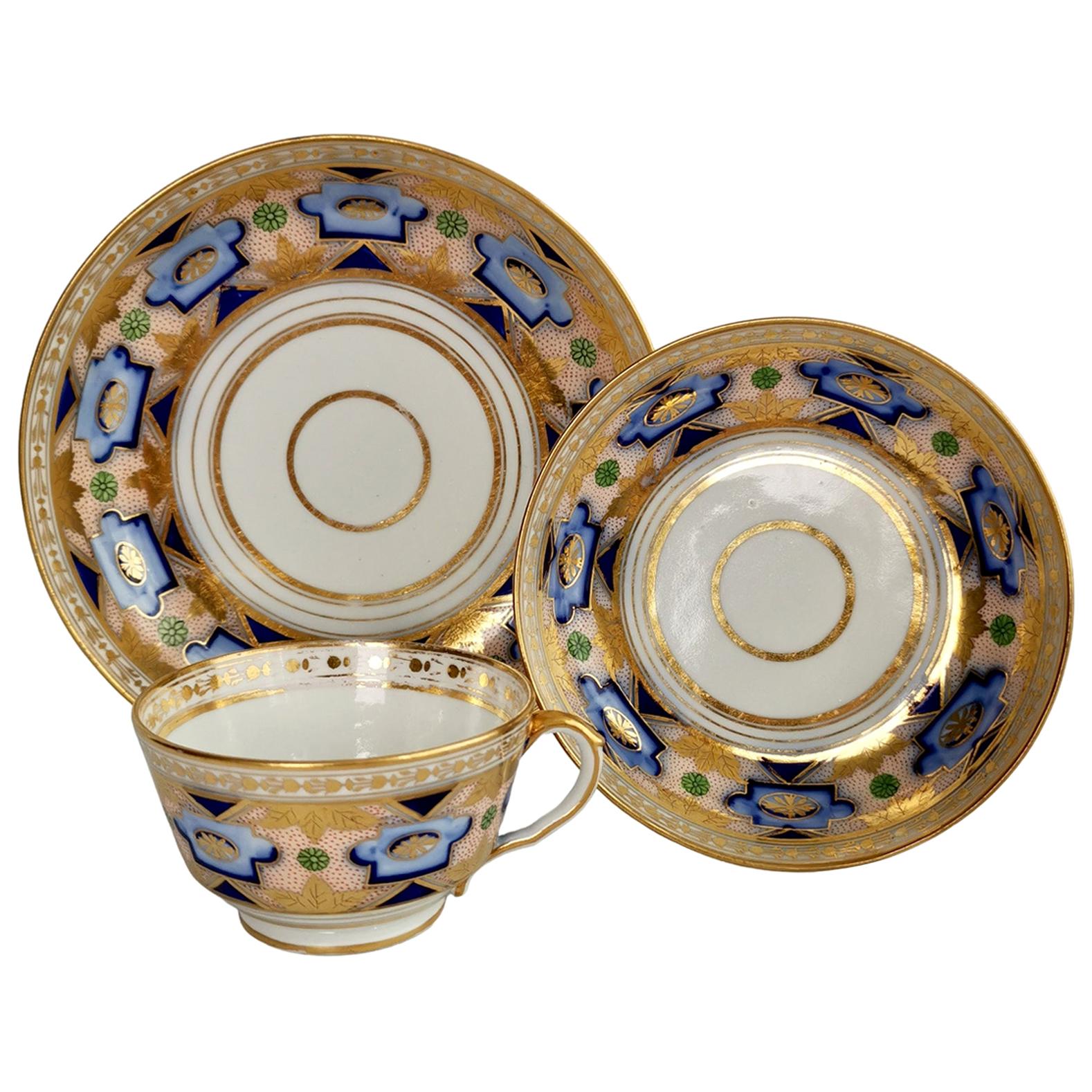 Herculaneum Porcelain Teacup Trio, Blue and Gilt Regency, 1800-1815