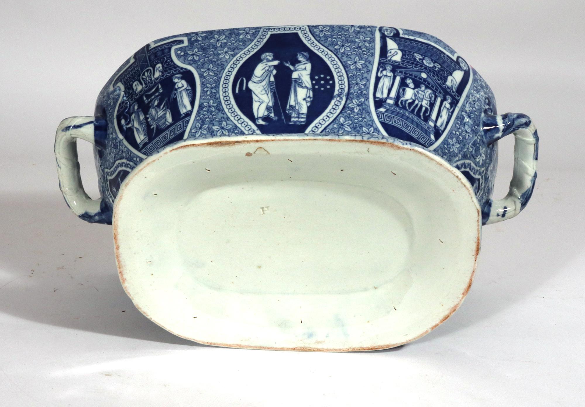 Pearlware Antique Herculaneum Pottery Neo-Classical Greek Pattern Blue Soup Tureen & Cover
