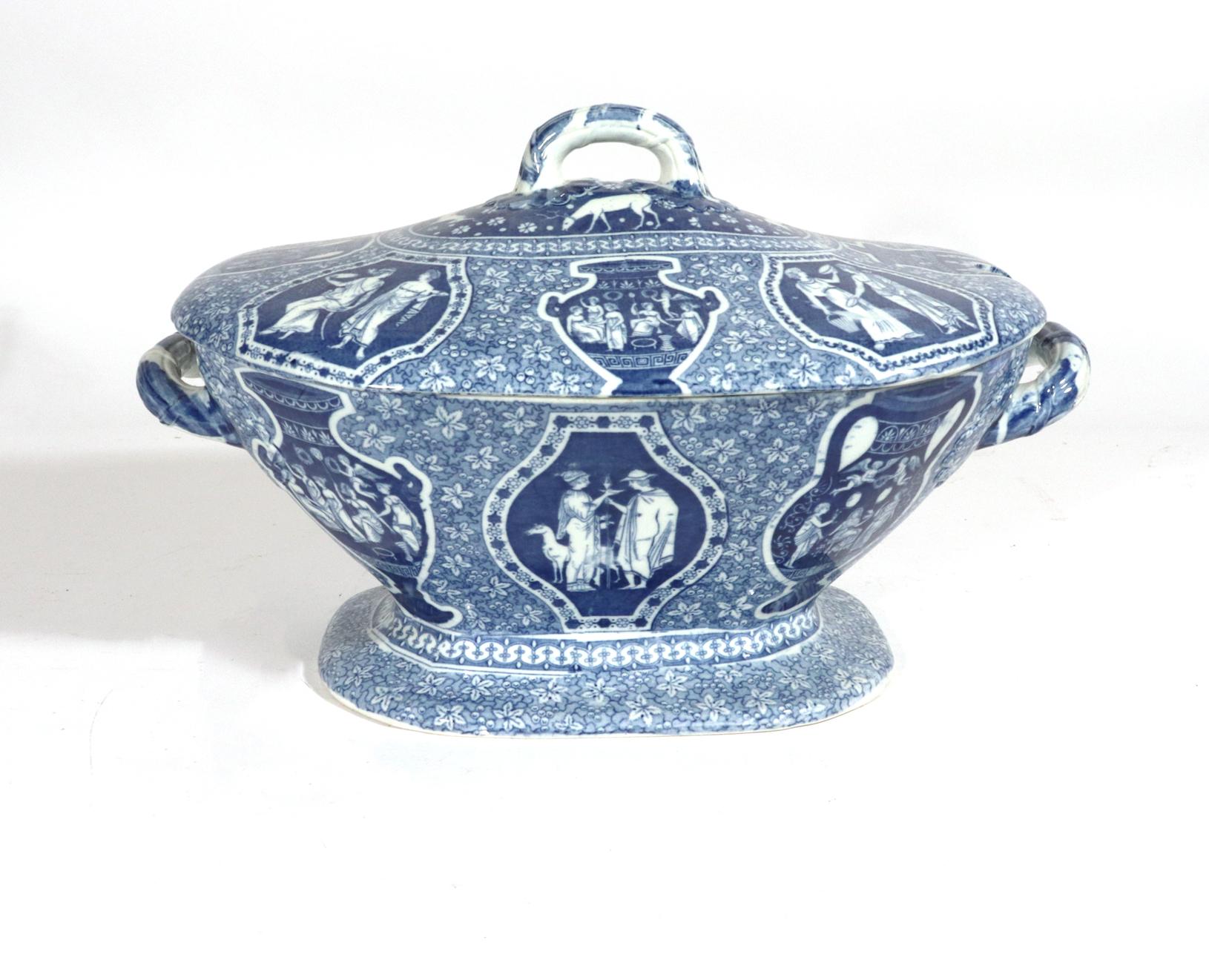 Herculaneum Pottery neo-classical Greek pattern blue soup tureen & cover
Early-19th century 

The Herculaneum Greek pattern pottery soup tureen and the cover are printed in blue with neo-classical scenes on panels and urns against a fruit and flower