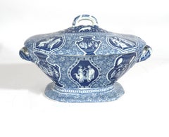 Antique Herculaneum Pottery Neo-Classical Greek Pattern Blue Soup Tureen & Cover