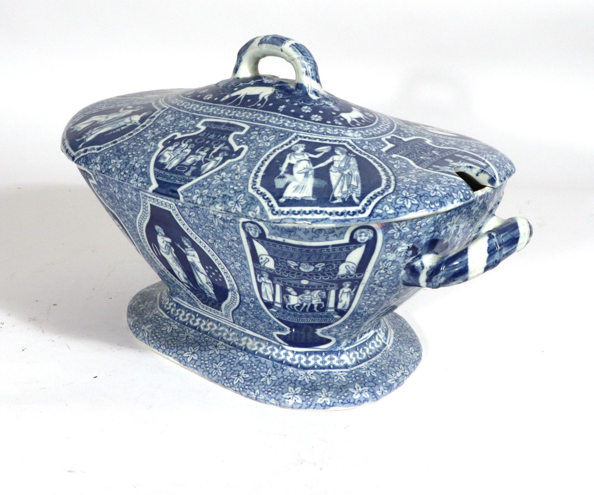 Neoclassical Antique Herculaneum Pottery Neo-Classical Greek Pattern Blue Soup Tureen & Cover