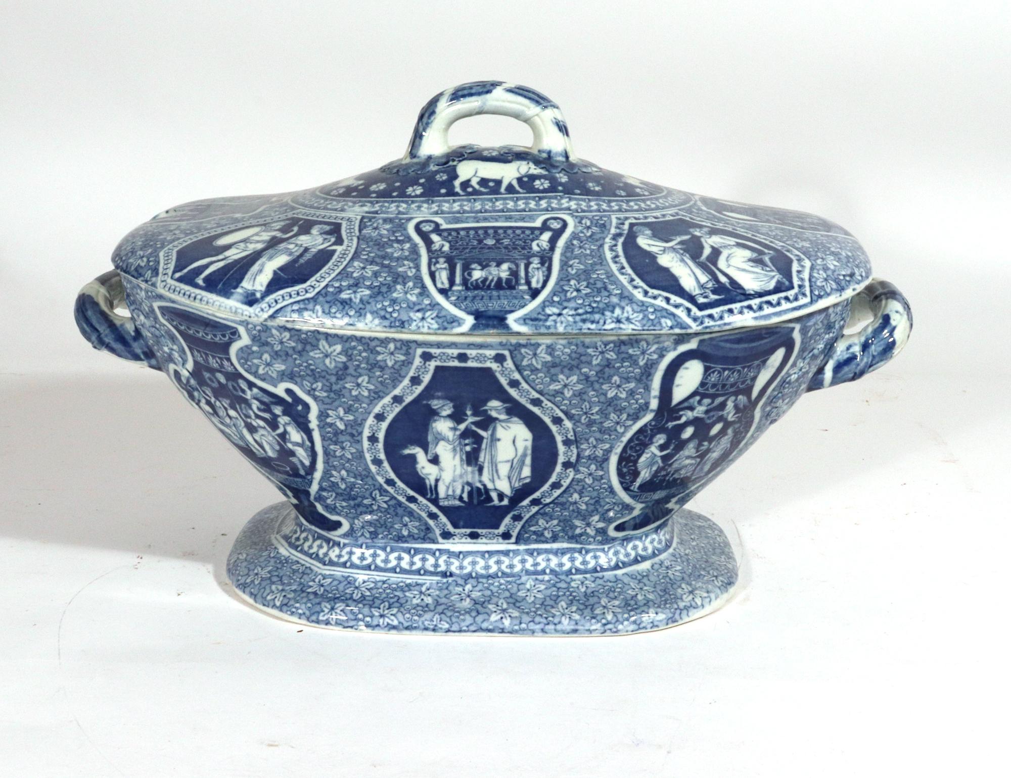 English Antique Herculaneum Pottery Neo-Classical Greek Pattern Blue Soup Tureen & Cover