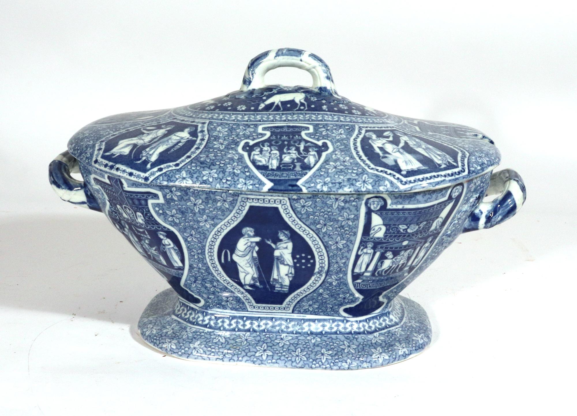 Antique Herculaneum Pottery Neo-Classical Greek Pattern Blue Soup Tureen & Cover In Good Condition In Downingtown, PA