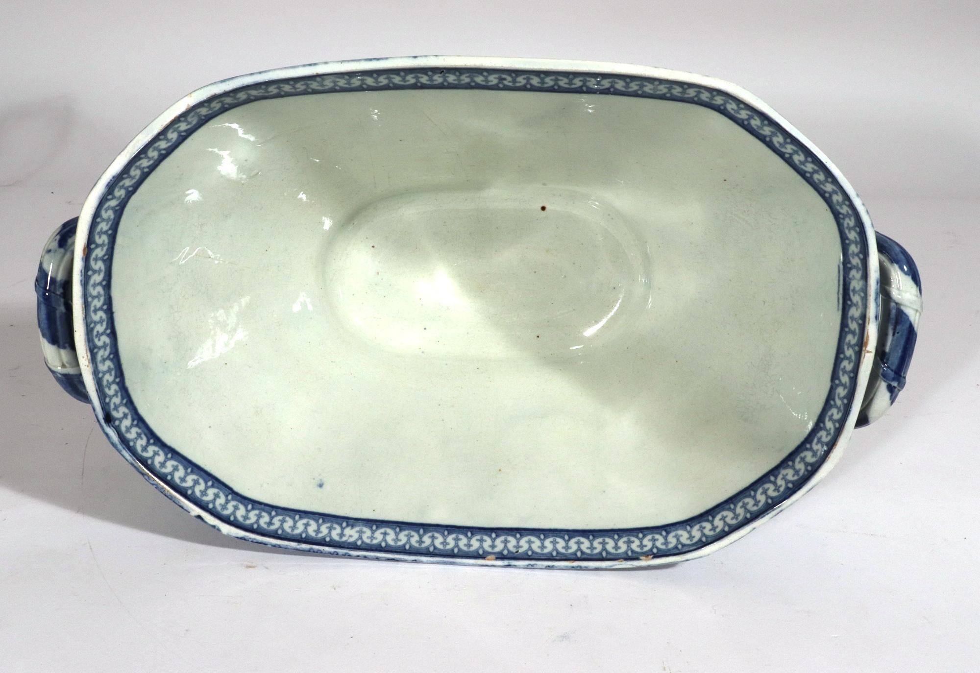 19th Century Antique Herculaneum Pottery Neo-Classical Greek Pattern Blue Soup Tureen & Cover
