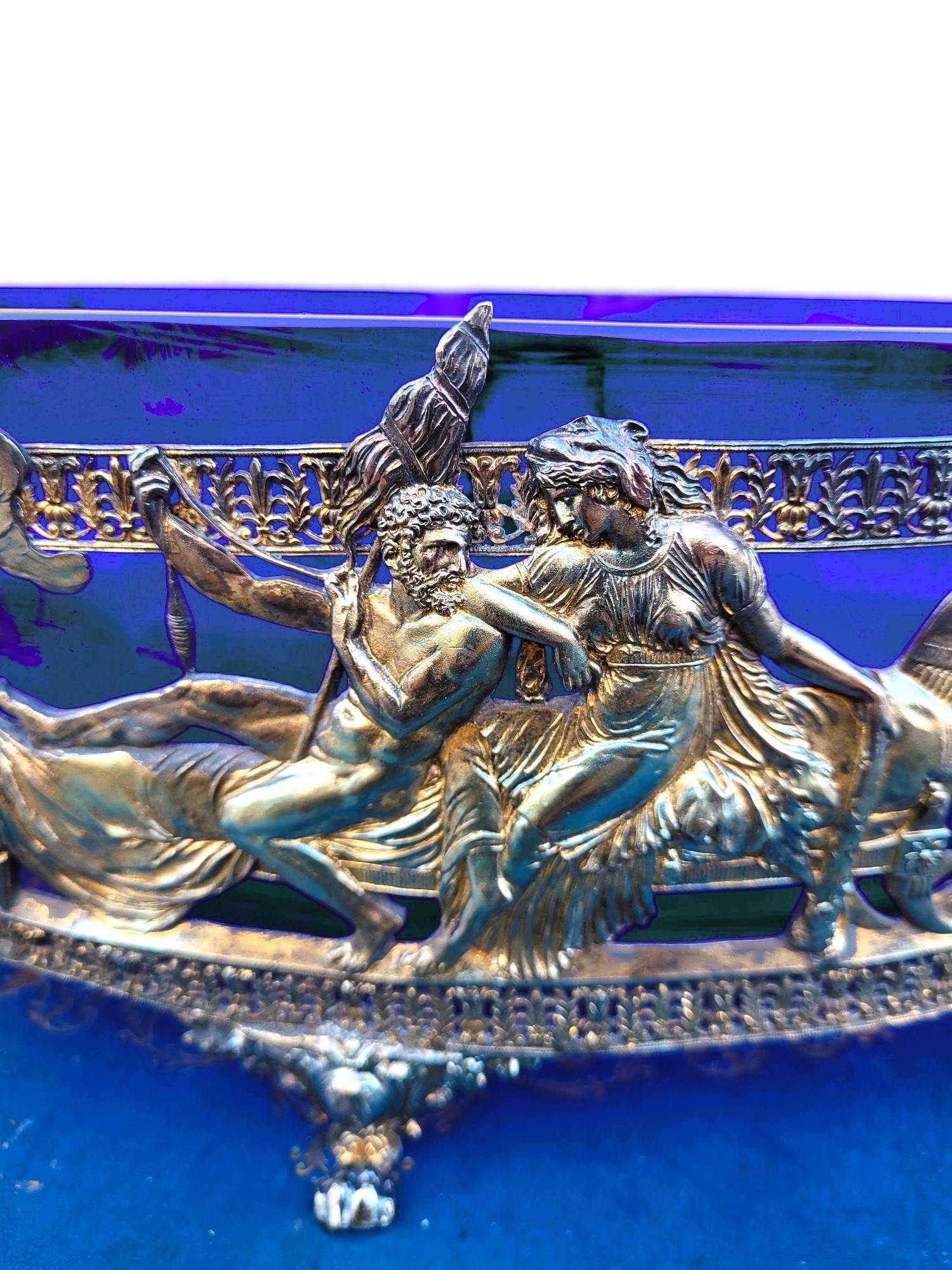 French Hercules And Omphale, Glass And Silverplated  Metal Bowl , Late 19th Early 20th For Sale