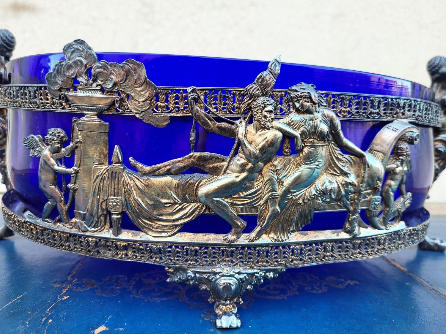 Silvered Hercules And Omphale, Glass And Silverplated  Metal Bowl , Late 19th Early 20th For Sale