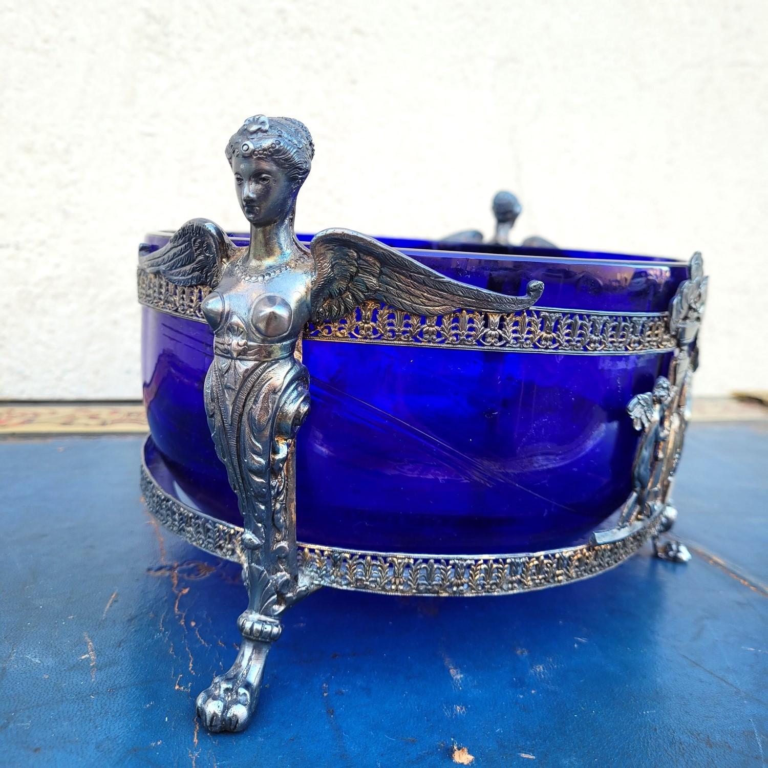 Hercules And Omphale, Glass And Silverplated  Metal Bowl , Late 19th Early 20th In Good Condition For Sale In MARSEILLE, FR