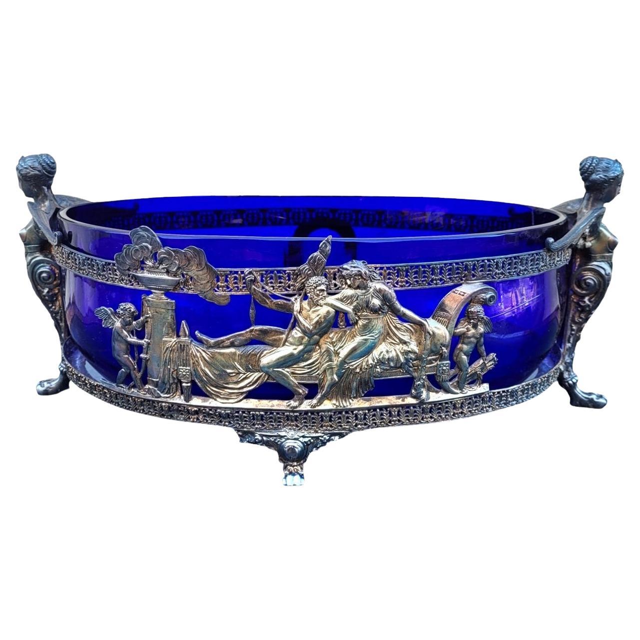 Hercules And Omphale, Glass And Silverplated  Metal Bowl , Late 19th Early 20th For Sale