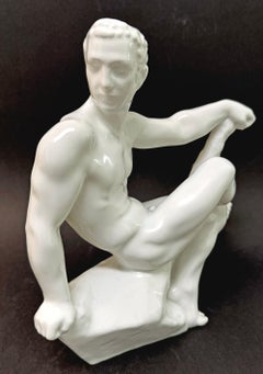 "Hercules at Rest", Rare Art Deco Porcelain with Male Nude by Bregnoe