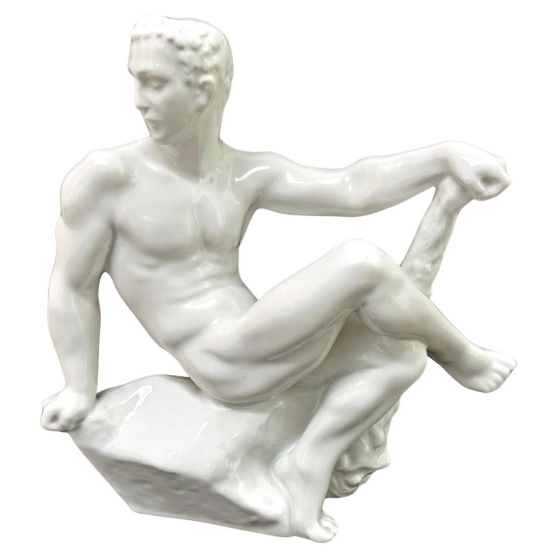 "Hercules at Rest", Rare Art Deco Porcelain with Male Nude by Bregnoe