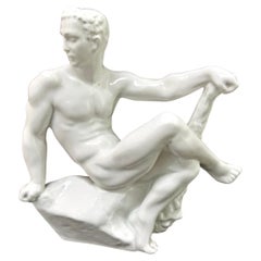 "Hercules at Rest", Rare Art Deco Porcelain with Male Nude by Bregnoe