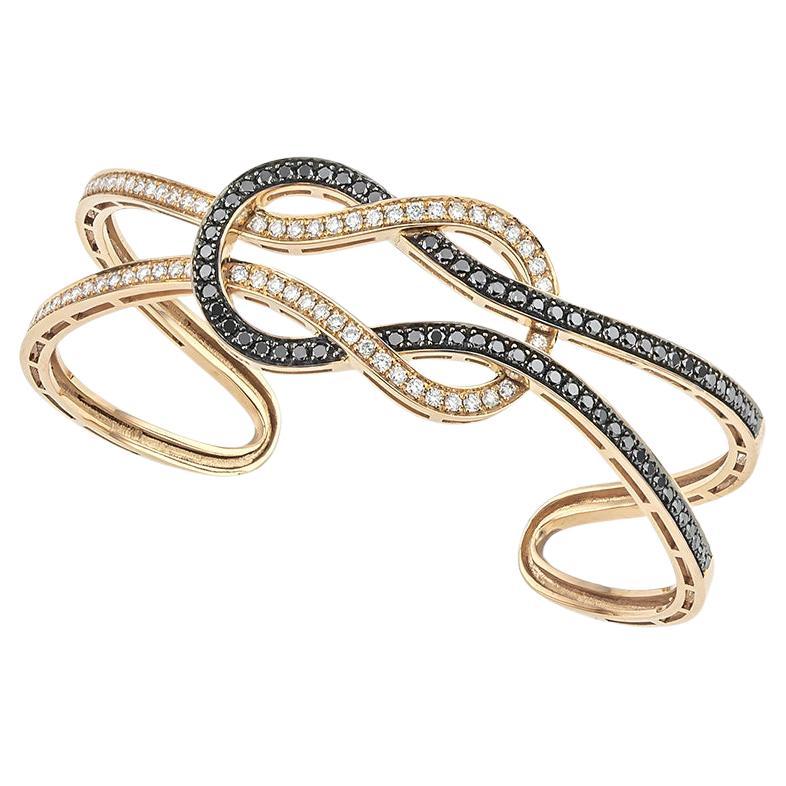 Hercules Knot Open Bangle Bracelet 18Kt Rose Gold with Black & White Diamonds For Sale
