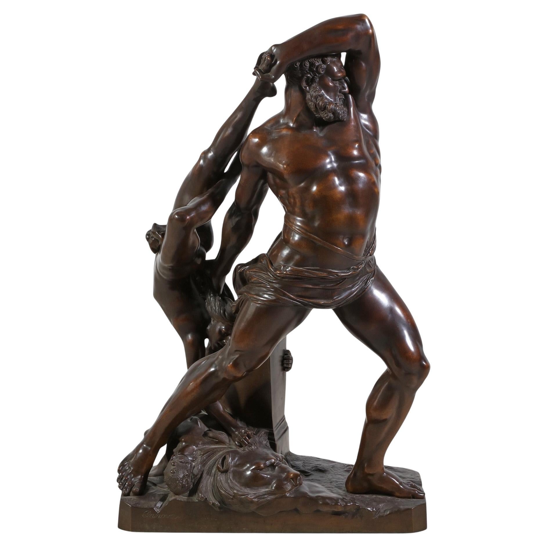 Groupe figuratif italien en bronze patiné représentant Hercule et Lichas, d'après le modèle d'Antonio Canova (1757-1822). La base porte l'inscription 