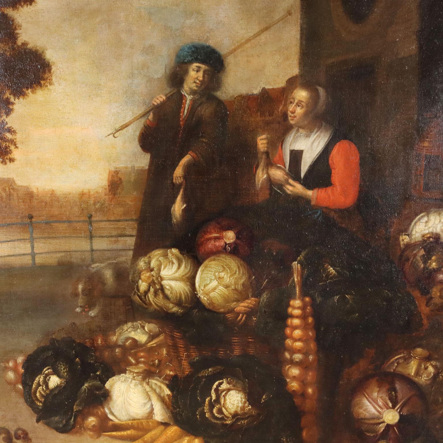 Hercules Sanders Figurative Painting - Figures with Autumnal Still Life, 17th century