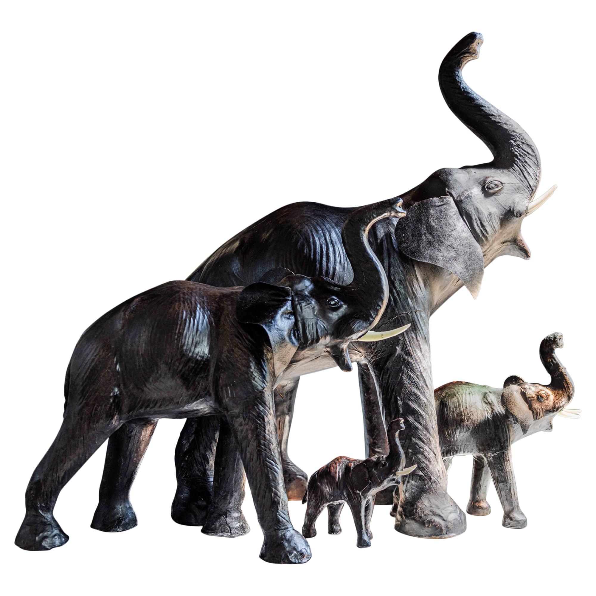 Herd of Decorative Black/Brown Leather Elephants, English, Mid-20th Century