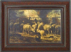 Herd of Sheep Painting, Hand-Painted Victorian Style, 20th Century