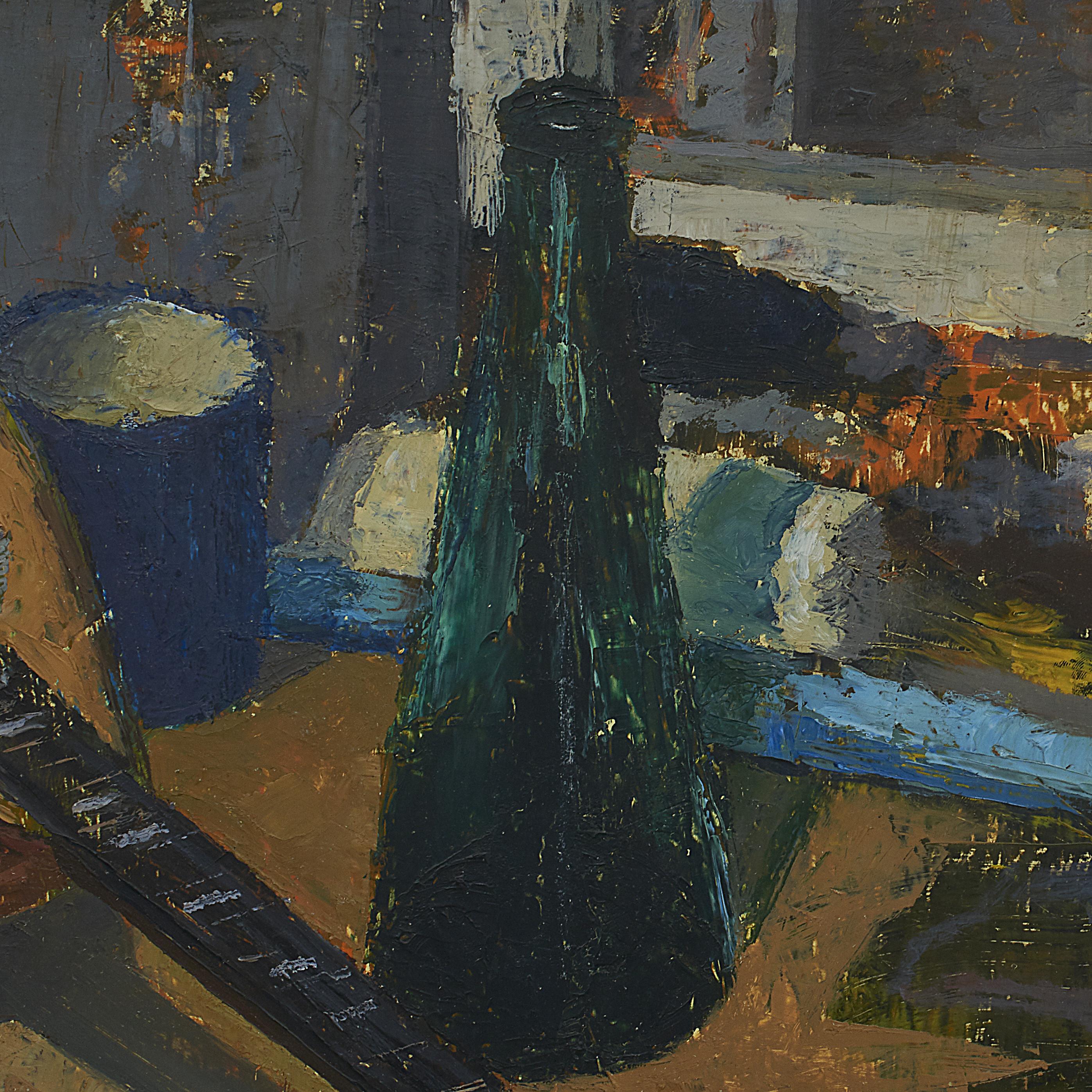 Herdis Gelardi 1916-1991.
Painting, oil on Masonite.
Still life: Mandolin, bottle, orange, etc. on table,
Denmark, c. 1960

Signed Herdis Gelardi

Measures incl. frame H 57½, W 68, D 4 cm.
