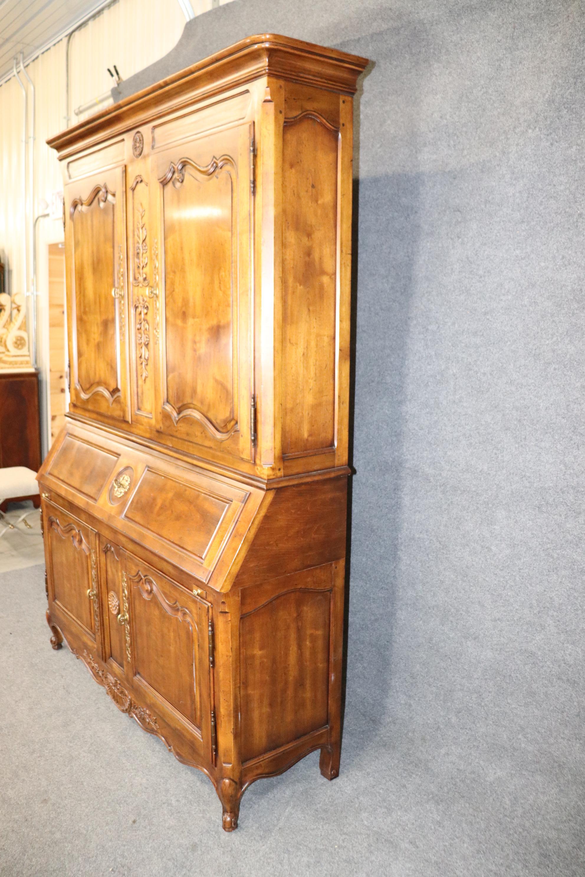 French Provincial Heredon Country French Carved Walnut Lighted China Cabinet Breakfront with Desk For Sale