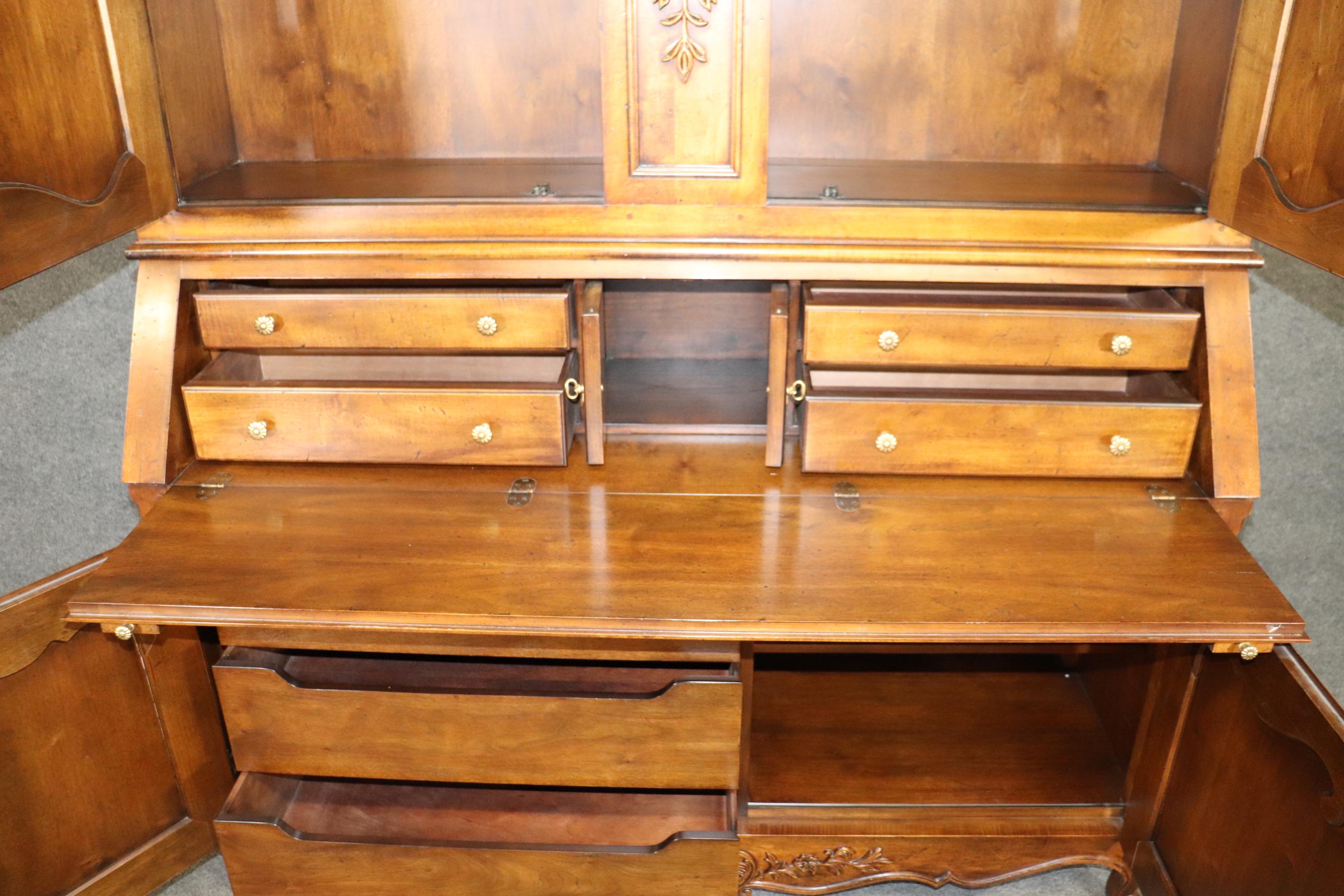 Heredon Country French Carved Walnut Lighted China Cabinet Breakfront with Desk In Good Condition For Sale In Swedesboro, NJ