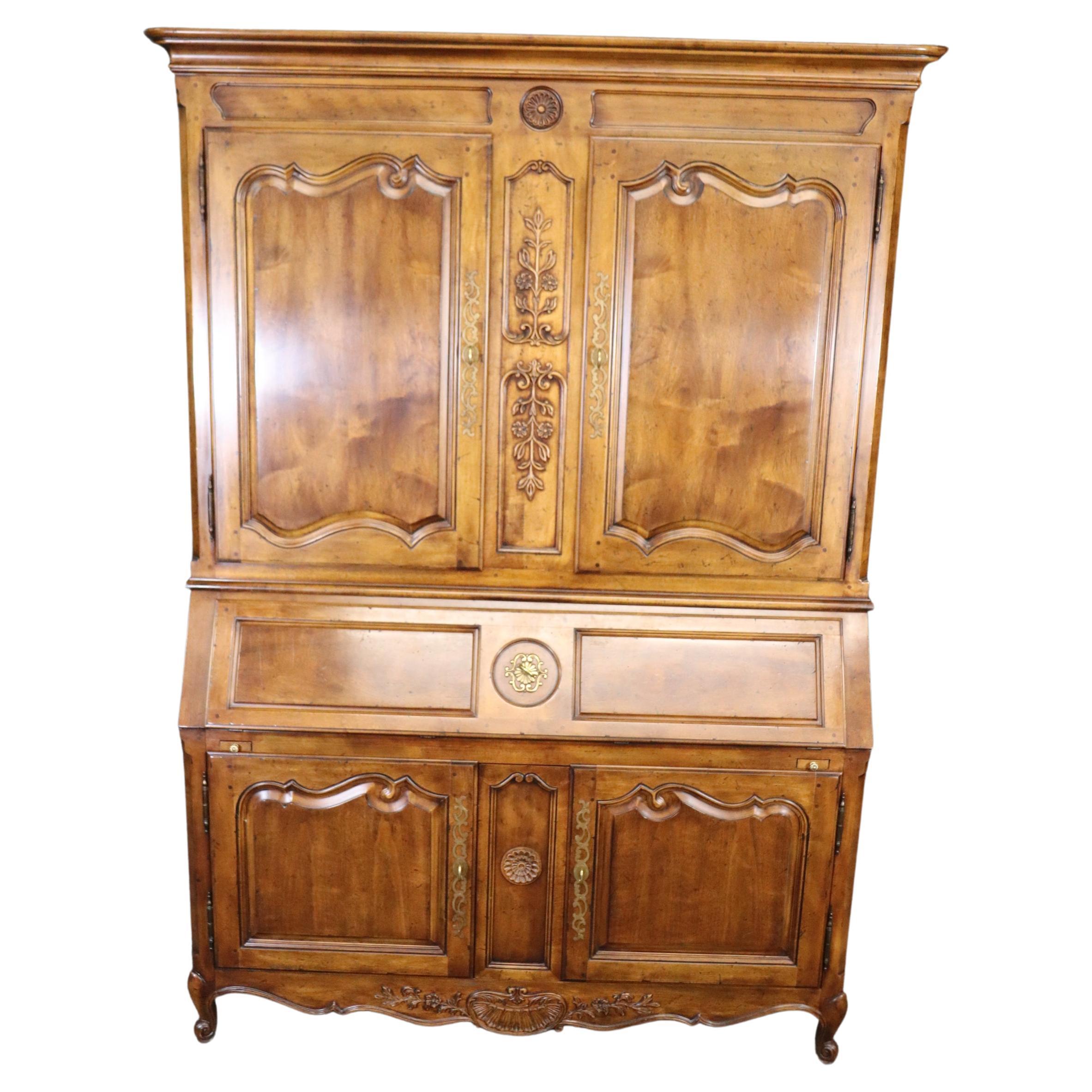 Heredon Country French Carved Walnut Lighted China Cabinet Breakfront with Desk For Sale