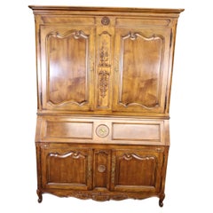 Heredon Country French Carved Walnut Lighted China Cabinet Breakfront with Desk