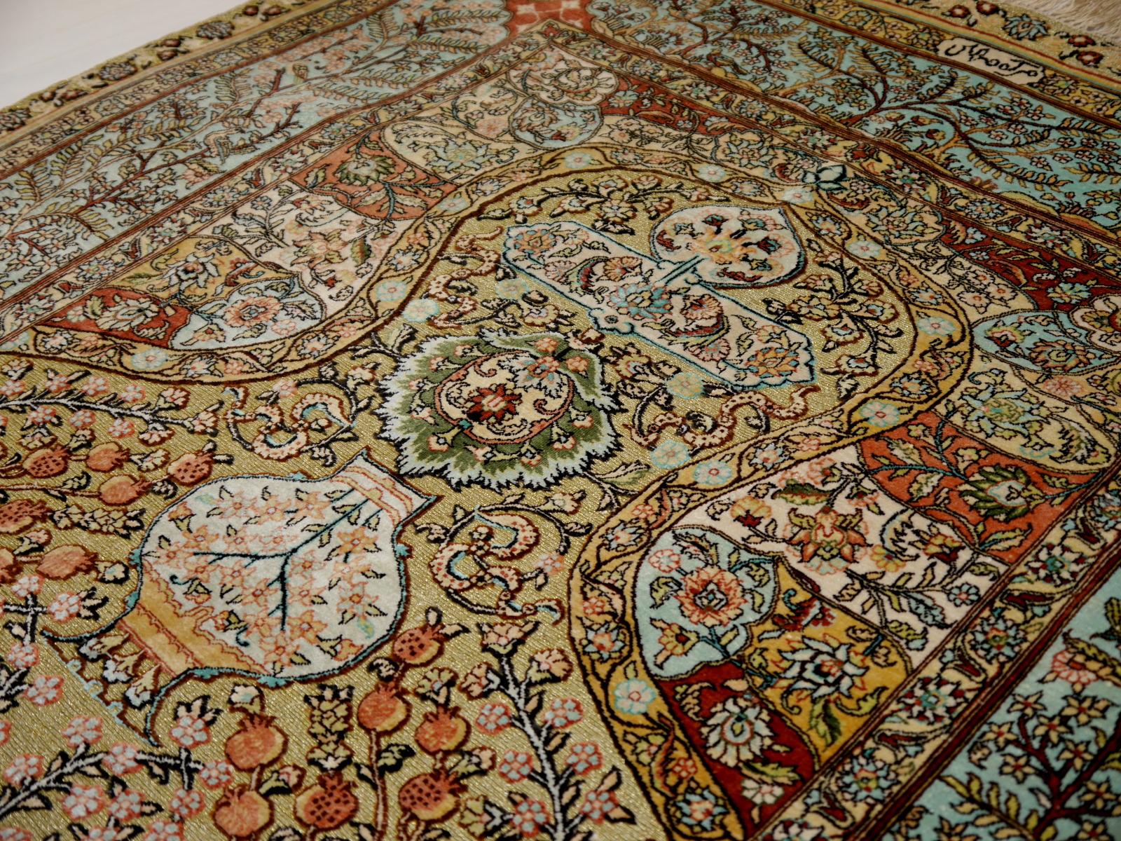 Hand-Knotted Hereke Design Silk Prayer Souf Rug with Tree of Life and Pomegranates