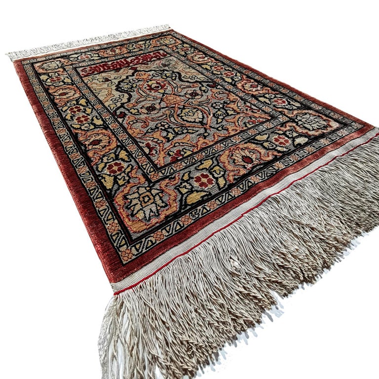 Hereke Pure Silk Turkish Prayer Rug with Golden Metal Threats Souf at