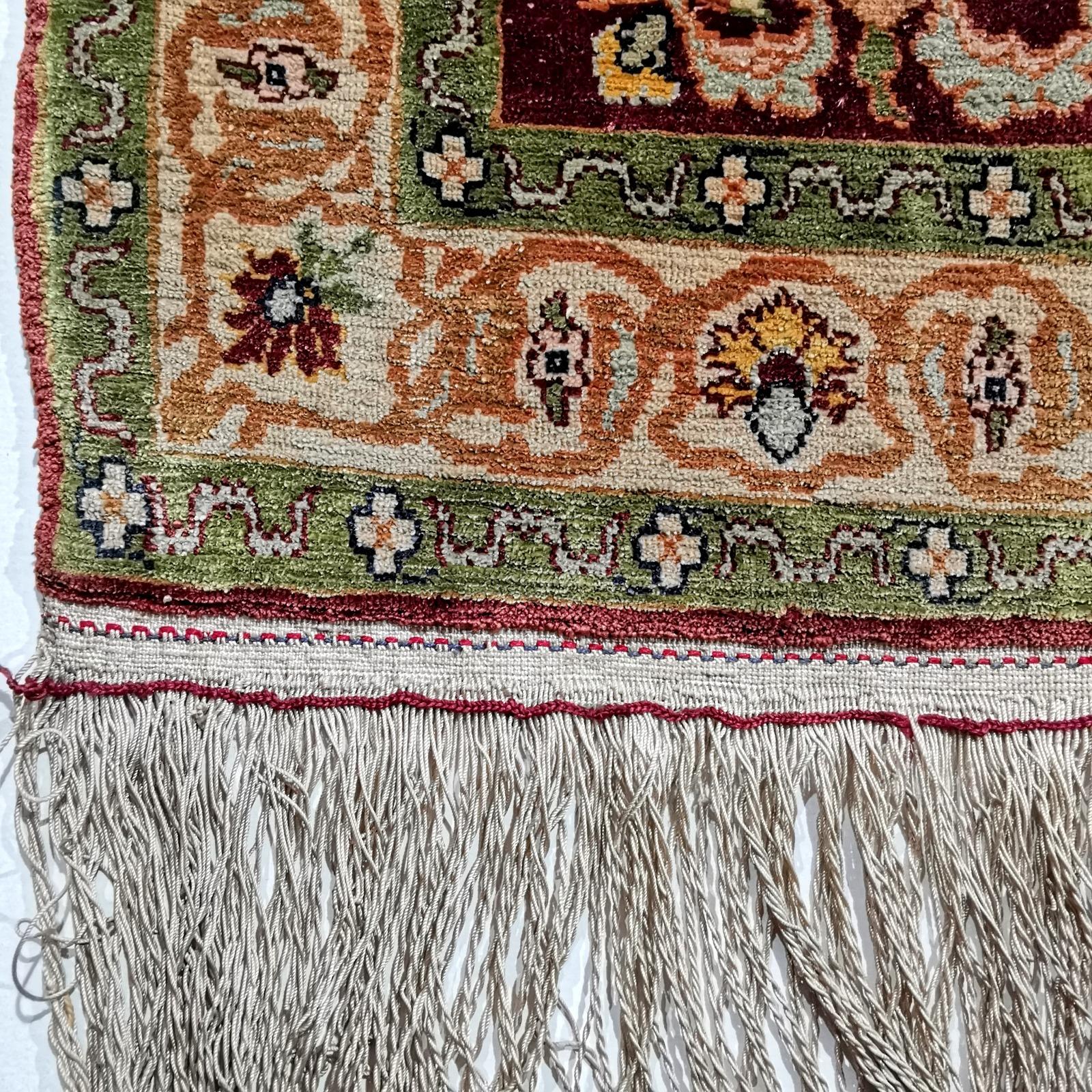 Very fine Turkish pure silk Hereke prayer rug. 

Turkish Hereke Souf silk rugs are the most exclusive and highly priced rugs of all silk rugs made. The raw material is exquisite original Bursa silk made from Mulberry silkworms, dyed with vegetable