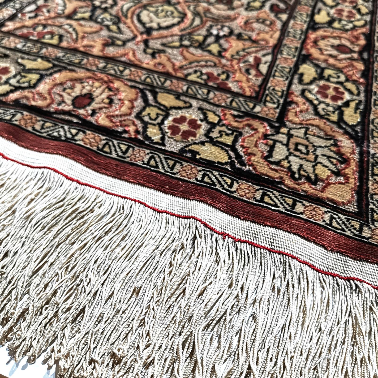 Very fine Turkish pure silk Hereke prayer rug. 

Turkish Hereke Souf silk rugs are the most exclusive and highly priced rugs of all silk rugs made. The raw material is exquisite original Bursa silk made from Mulberry silk worms, dyed with