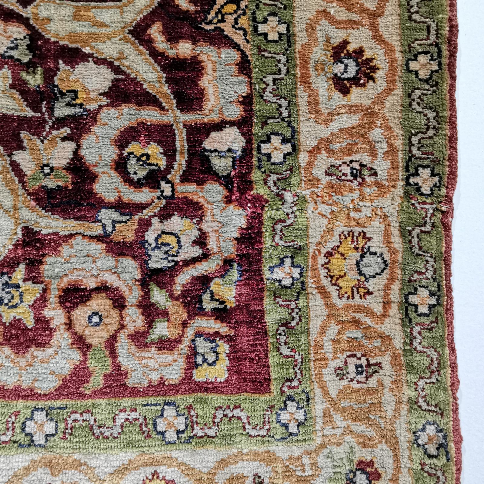 Hand-Knotted Hereke Pure Silk Turkish Prayer Rug with Golden Metal Threats Souf