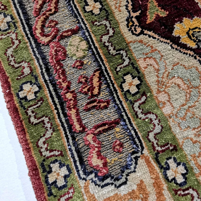 Hereke Pure Silk Turkish Prayer Rug with Golden Metal Threats Souf For