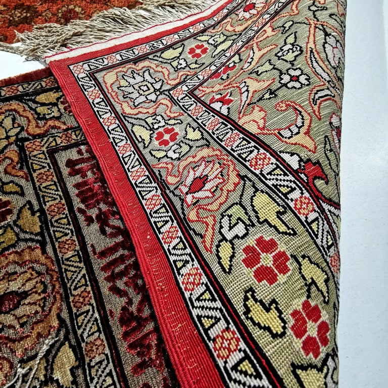 Hereke Pure Silk Turkish Prayer Rug with Golden Metal Threats Souf at