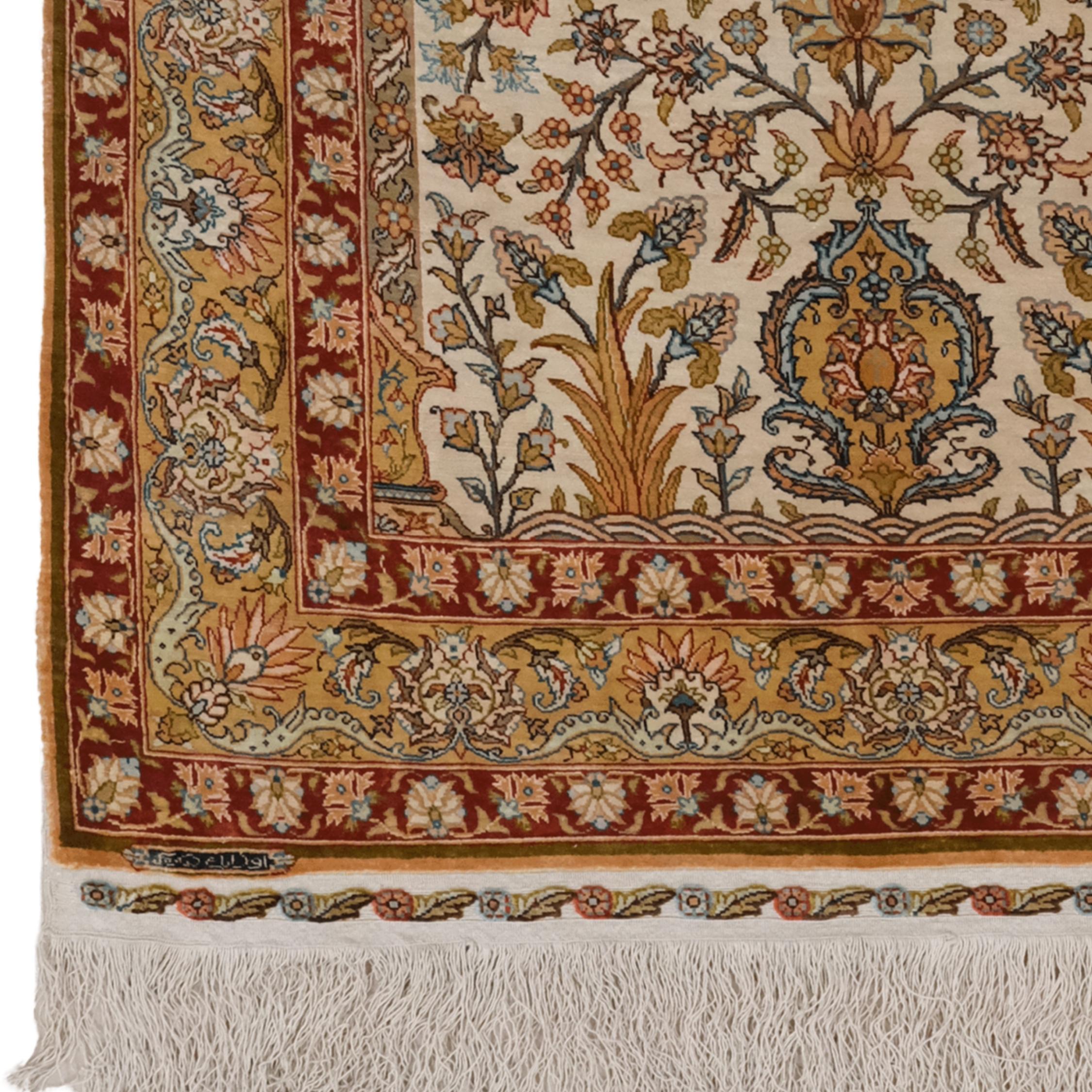 Add a touch of unparalleled elegance to your living space with this magnificent early 20th-century silk rug from Türkiye's renowned Hereke carpet-weaving center. Hereke, famed for its palace weaving workshops in the Ottoman Empire, remains a center