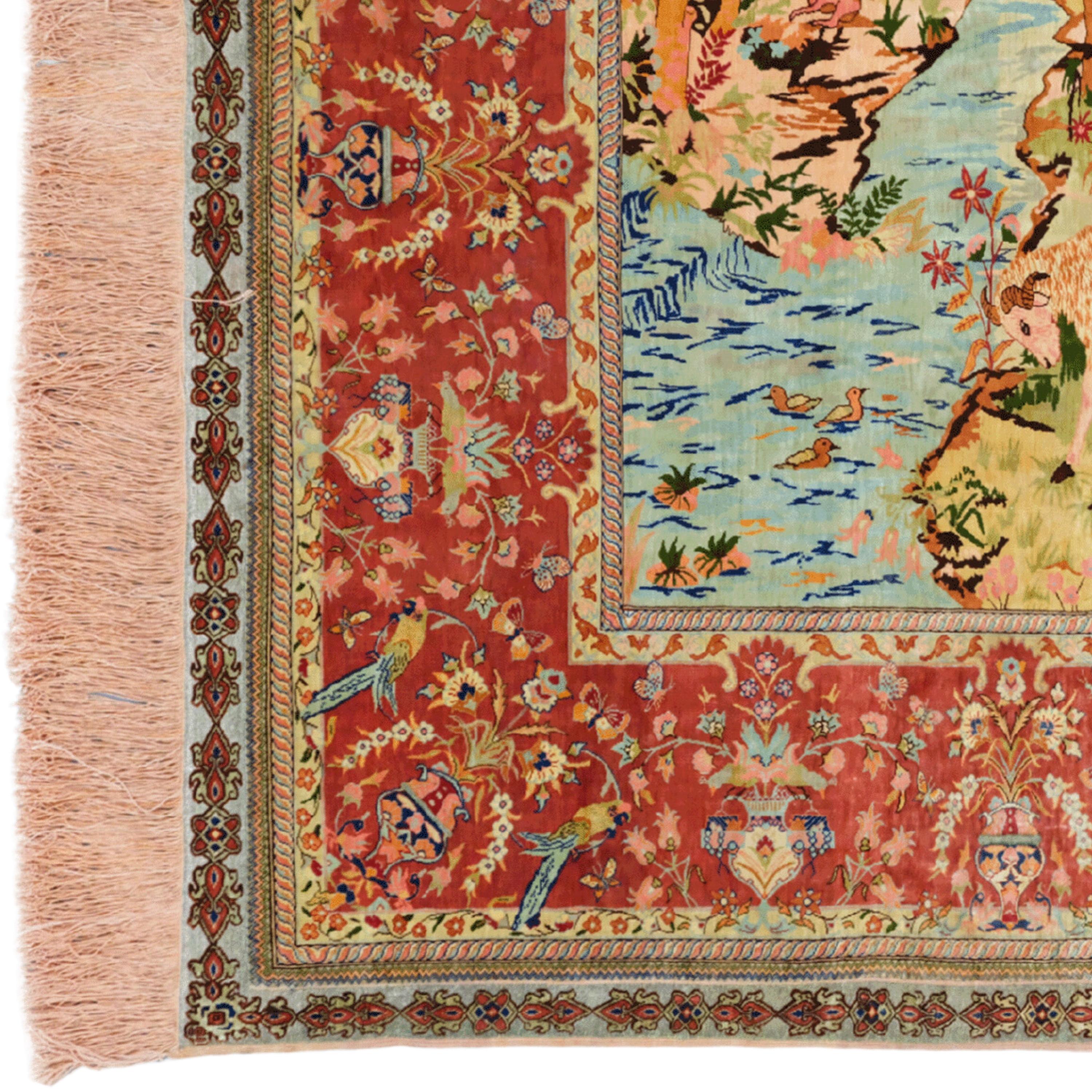 Hereke Silk & Metal Thread Pictoral Rug - Antique Pictoral Rug

This rare Hereke rug is a work of art created by skillfully knitting silk and metal materials. Each motif reflects the craftsmanship and aesthetic understanding of the period. Despite