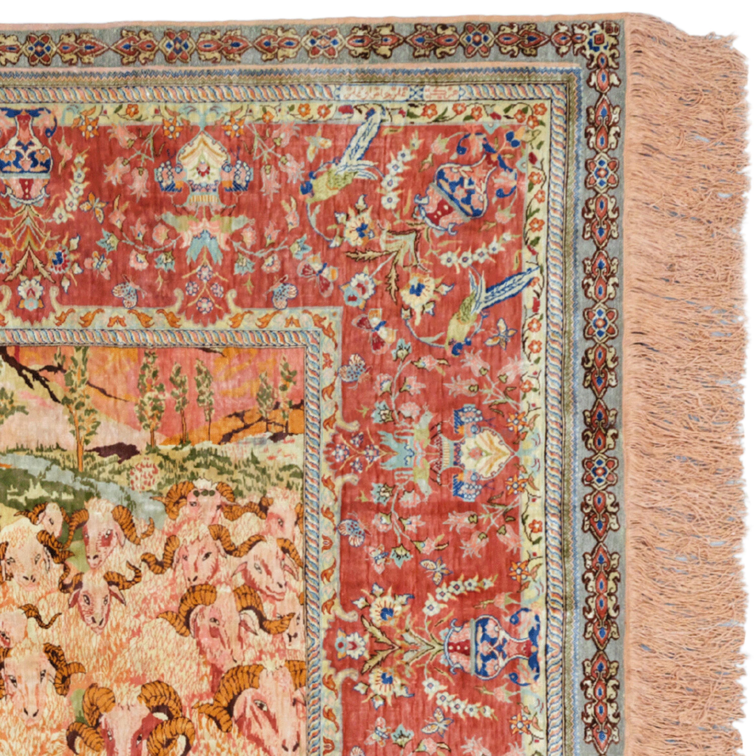 Hereke Silk & Metal Thread Pictoral Rug - Antique Pictoral Rug, Antique Rug In Good Condition For Sale In Sultanahmet, 34