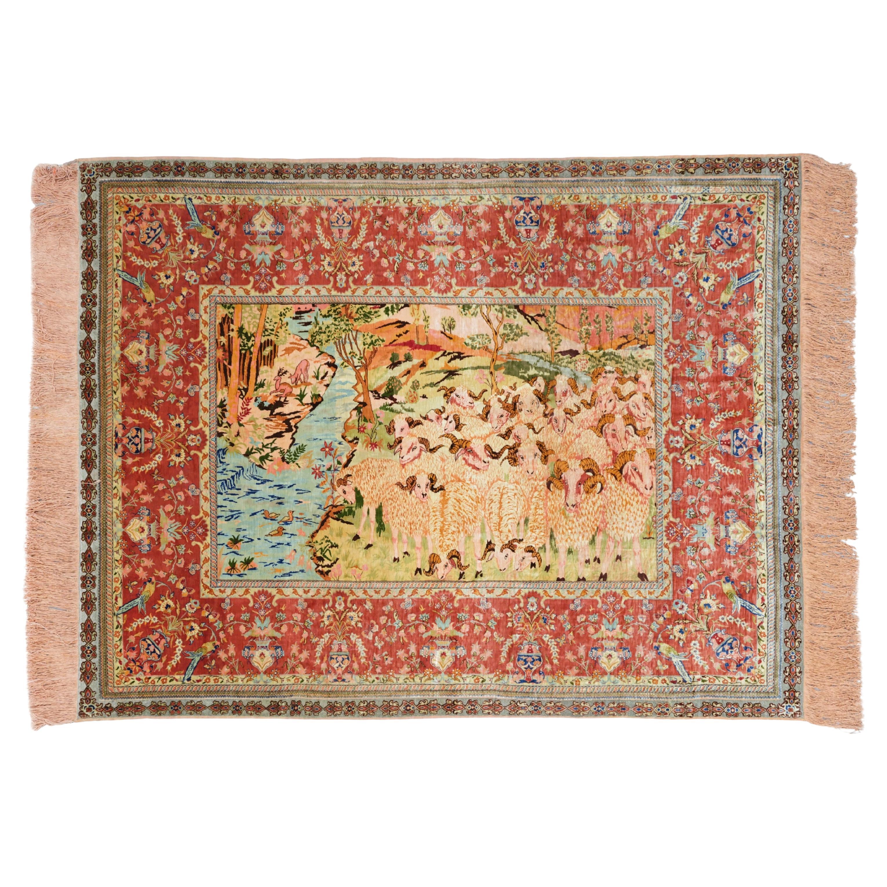 Hereke Silk & Metal Thread Pictoral Rug - Antique Pictoral Rug, Antique Rug For Sale