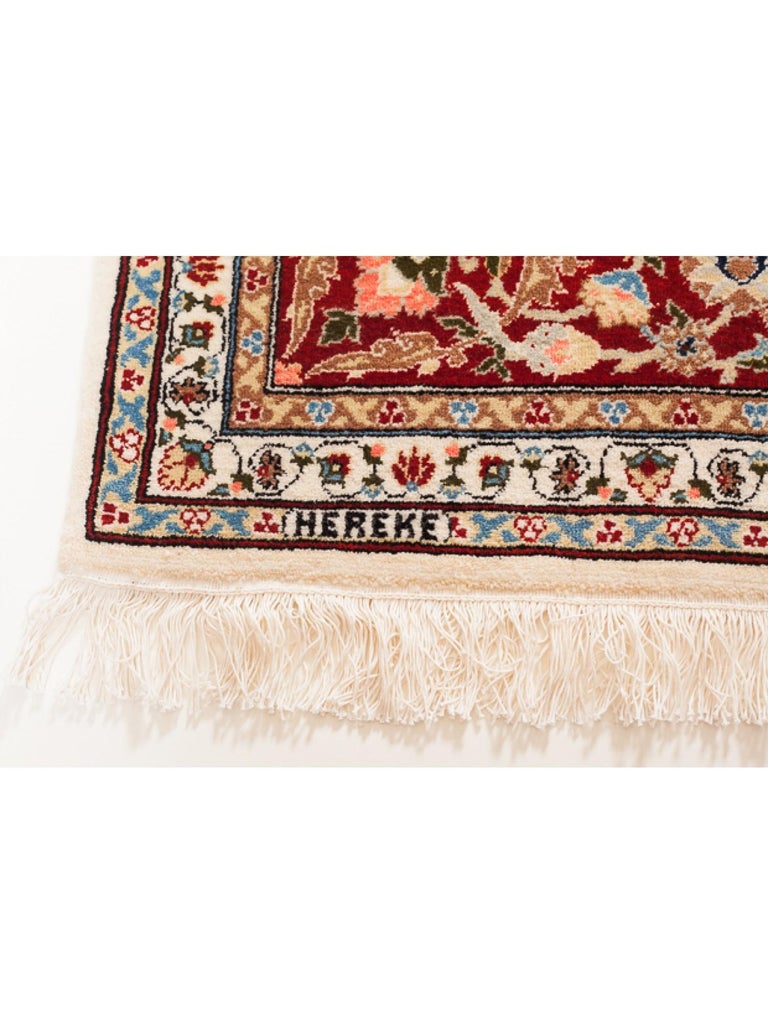 Hereke Wool and Cotton Carpet, Turkish Anatolian Rug, Flowers Lattice
