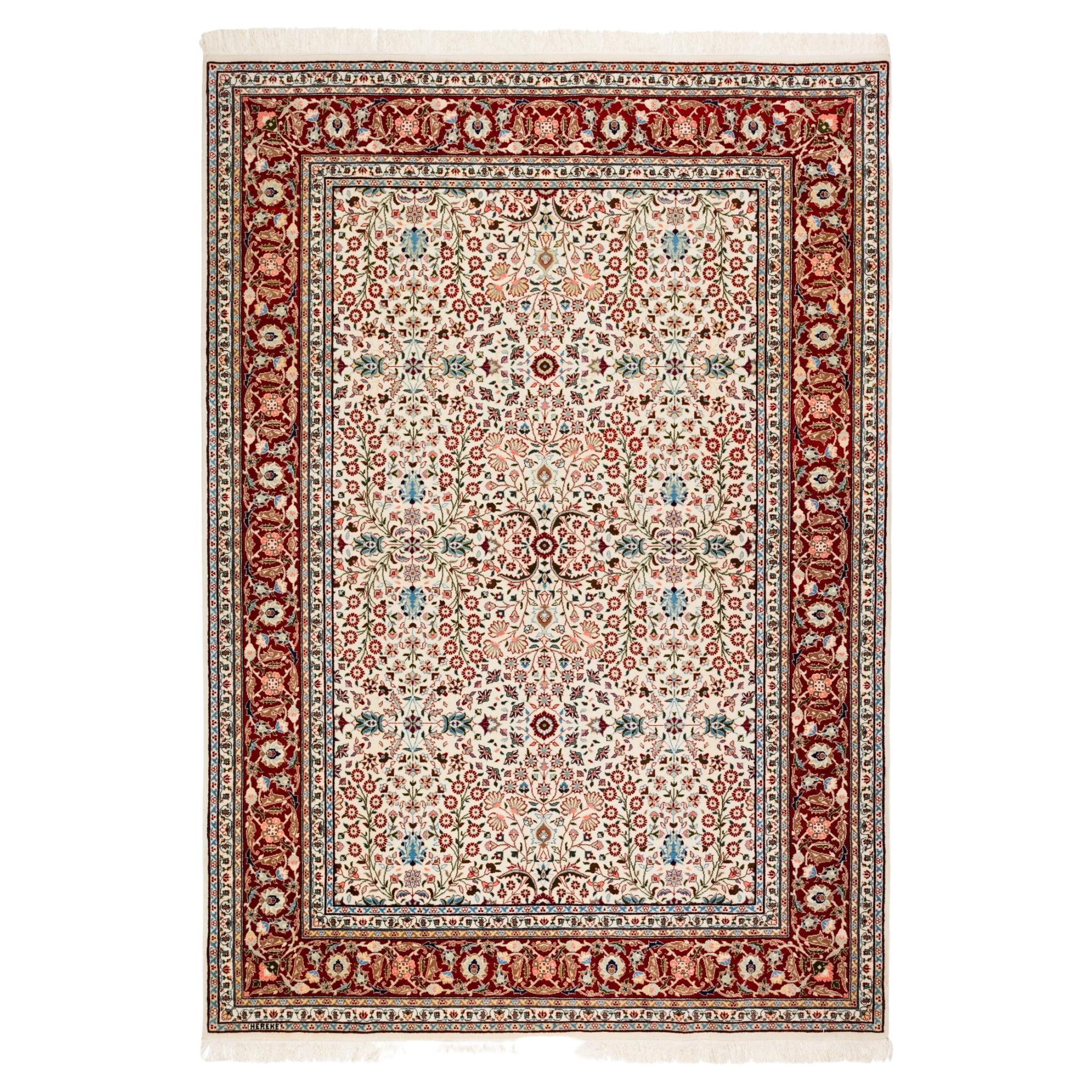Hereke Wool & Cotton Carpet, Turkish Anatolian Rug, Flowers Lattice Design For Sale